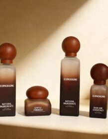 Cosmetic Essential Oils Skincare Serum Glass Pump Bottle & Cream Jar with Wood Cap Packaging