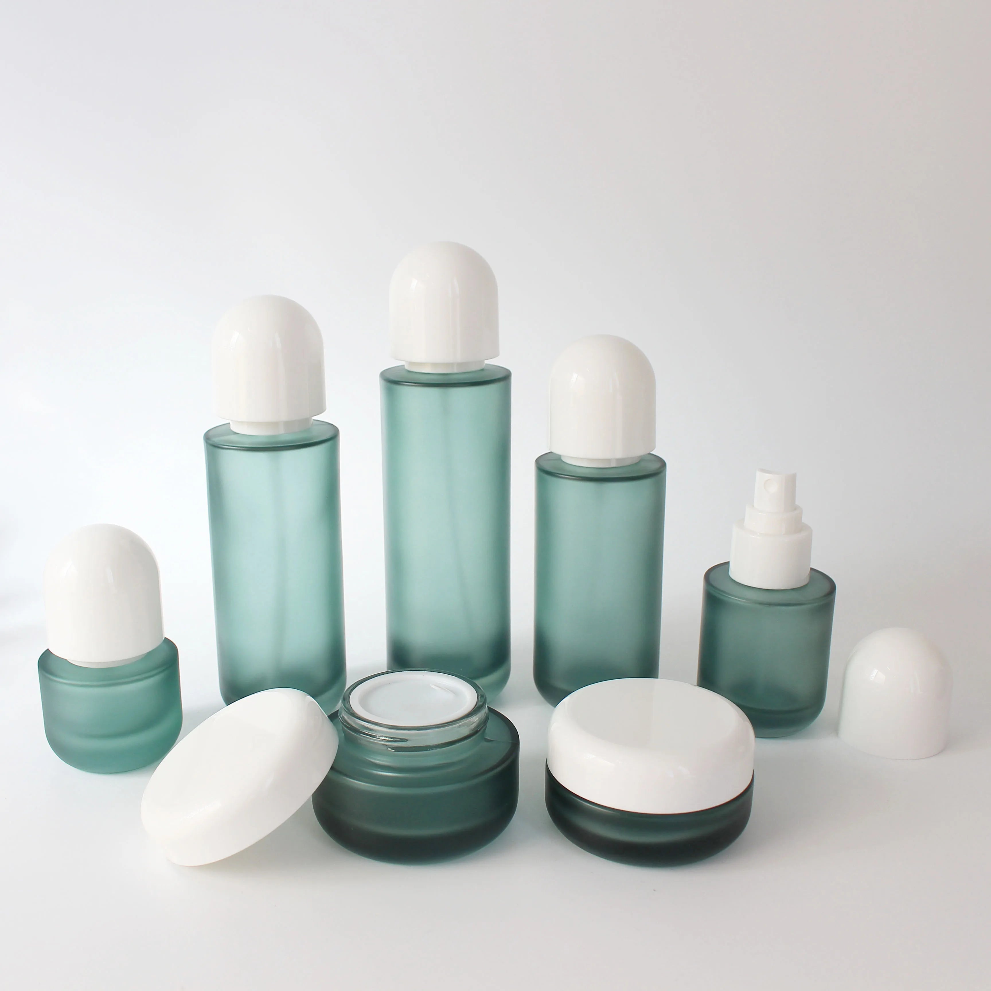 Cosmetic Set Frosted Green Glass Pump Spray Bottle 30ml 50ml 100ml 120ml Luxury 30g 50g Cream Jar - 图片 6