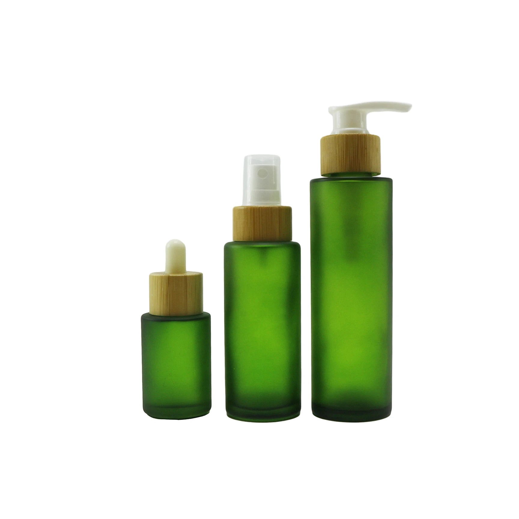 Luxury Cosmetic Glass Pump Bottle 30ml 50ml 100ml 200ml Glass Frosted Green Bamboo Lotion Pump Bottle - 图片 6