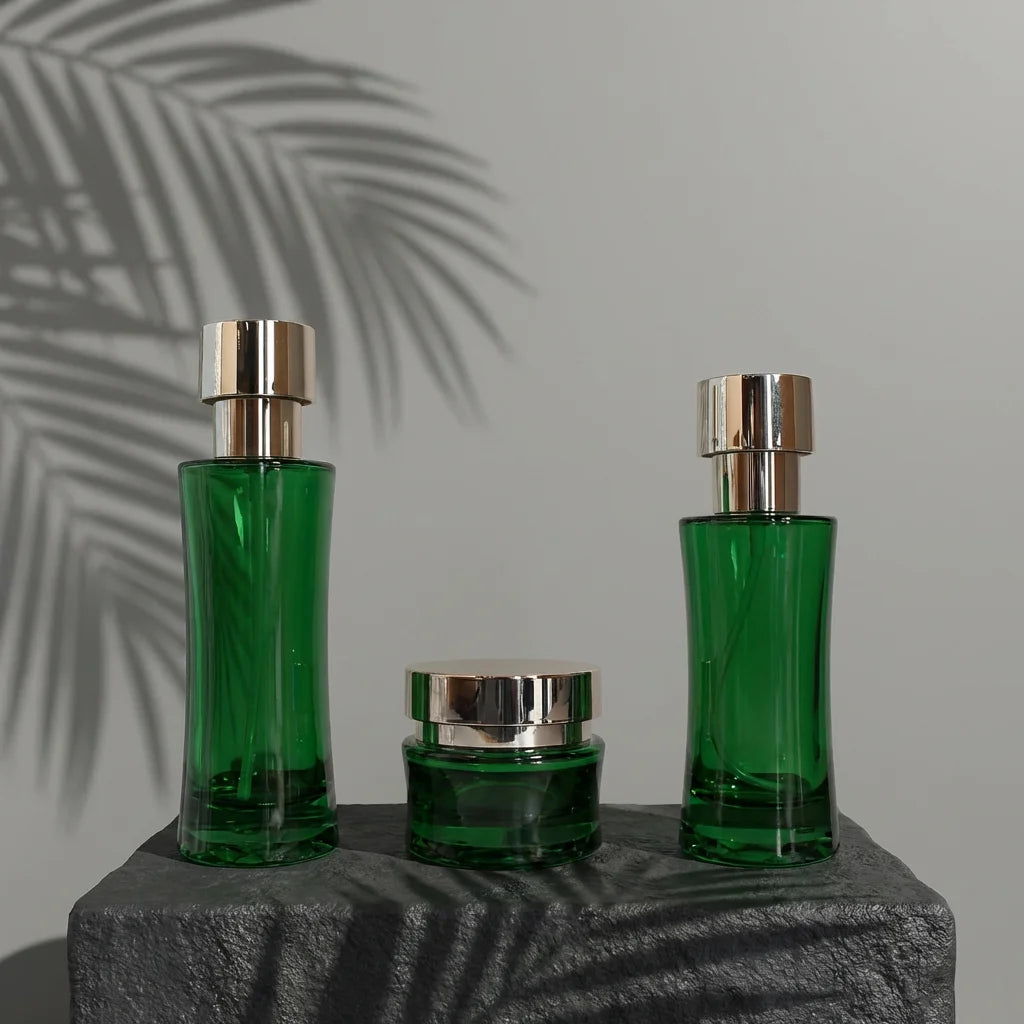High-End Dark Green Glass Skincare Container Set Refillable Lotion Pump Bottle and Face Cream Jar for Beauty - 图片 6