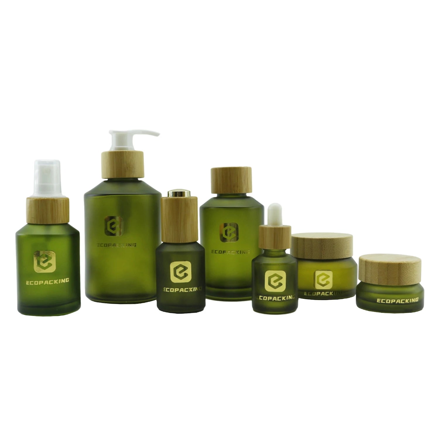 Luxury Slant Shoulder Frosted Olive Green Glass Spray Lotion Pump Bottle Cosmetic Jar Set with Bamboo Lid - 图片 2