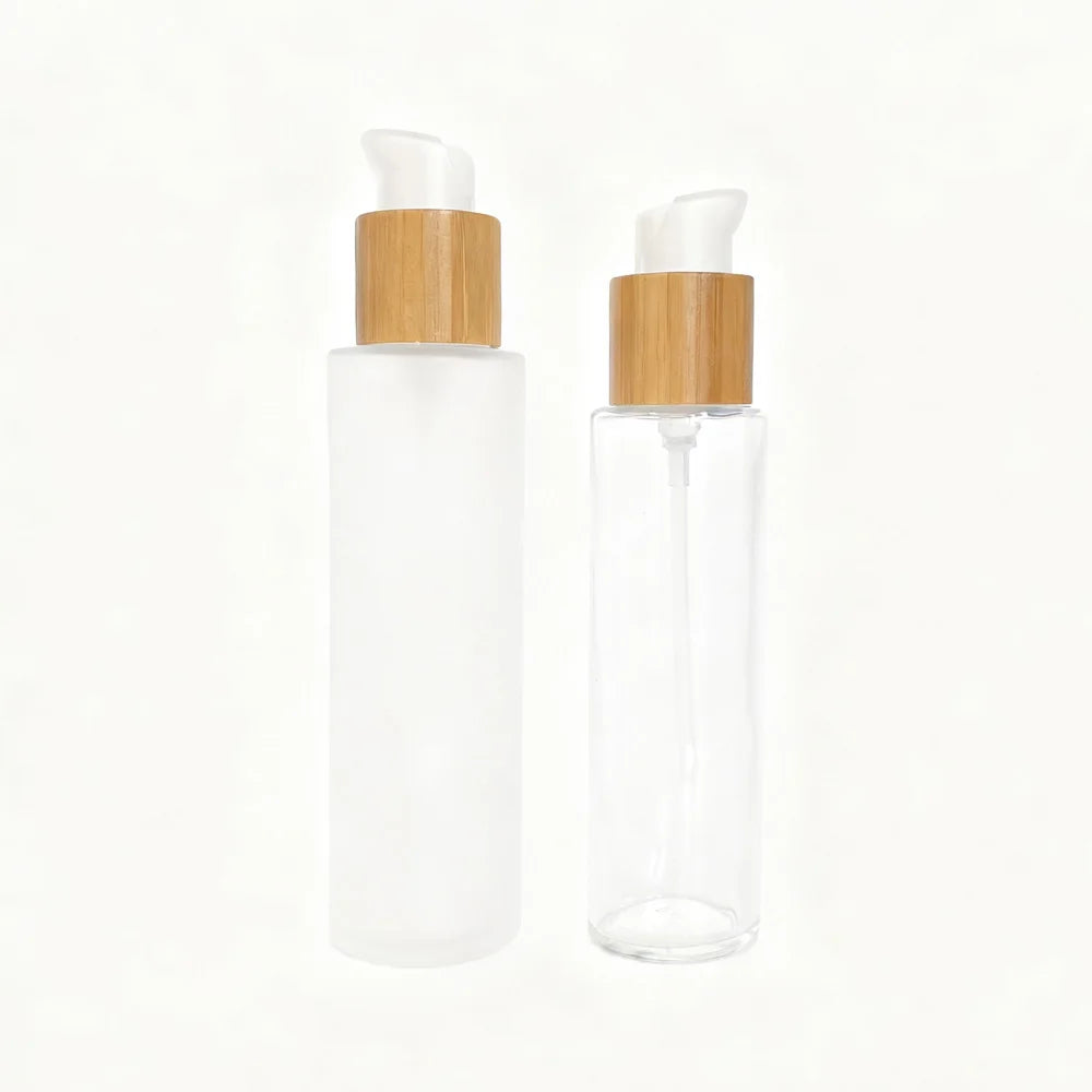 Cosmetic Round 200 ml Frosted Shampoo Lotion Glass Pump Bottles 200 ml with Bamboo Wood Cap - 图片 4