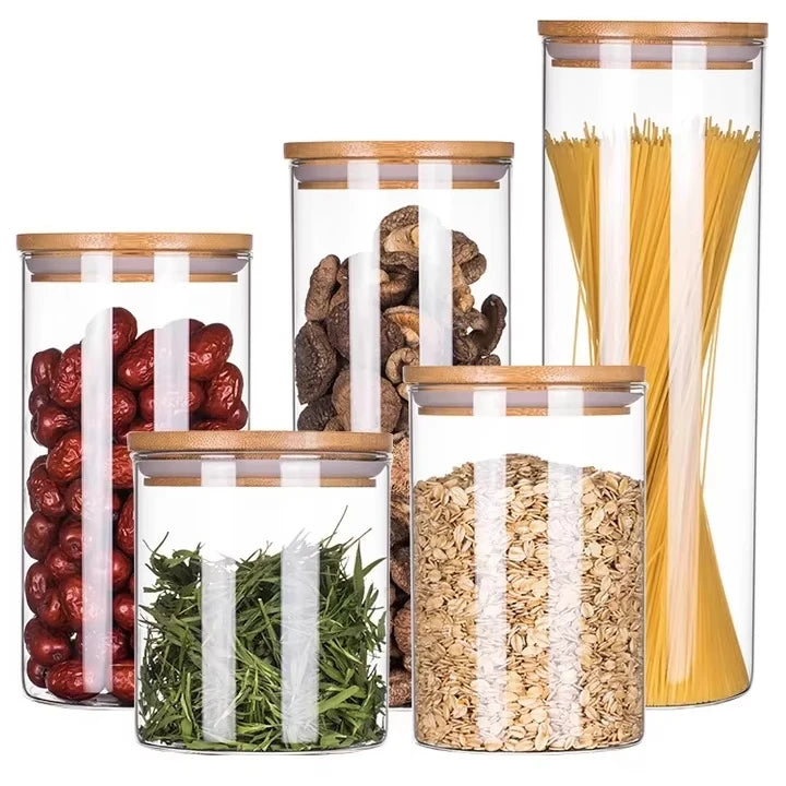 Wholesale High Borosilicate Glass Storage Jars Porcelain Tea Coffee Sugar Jar with Bamboo Lids for Food Spice Kitchen Use