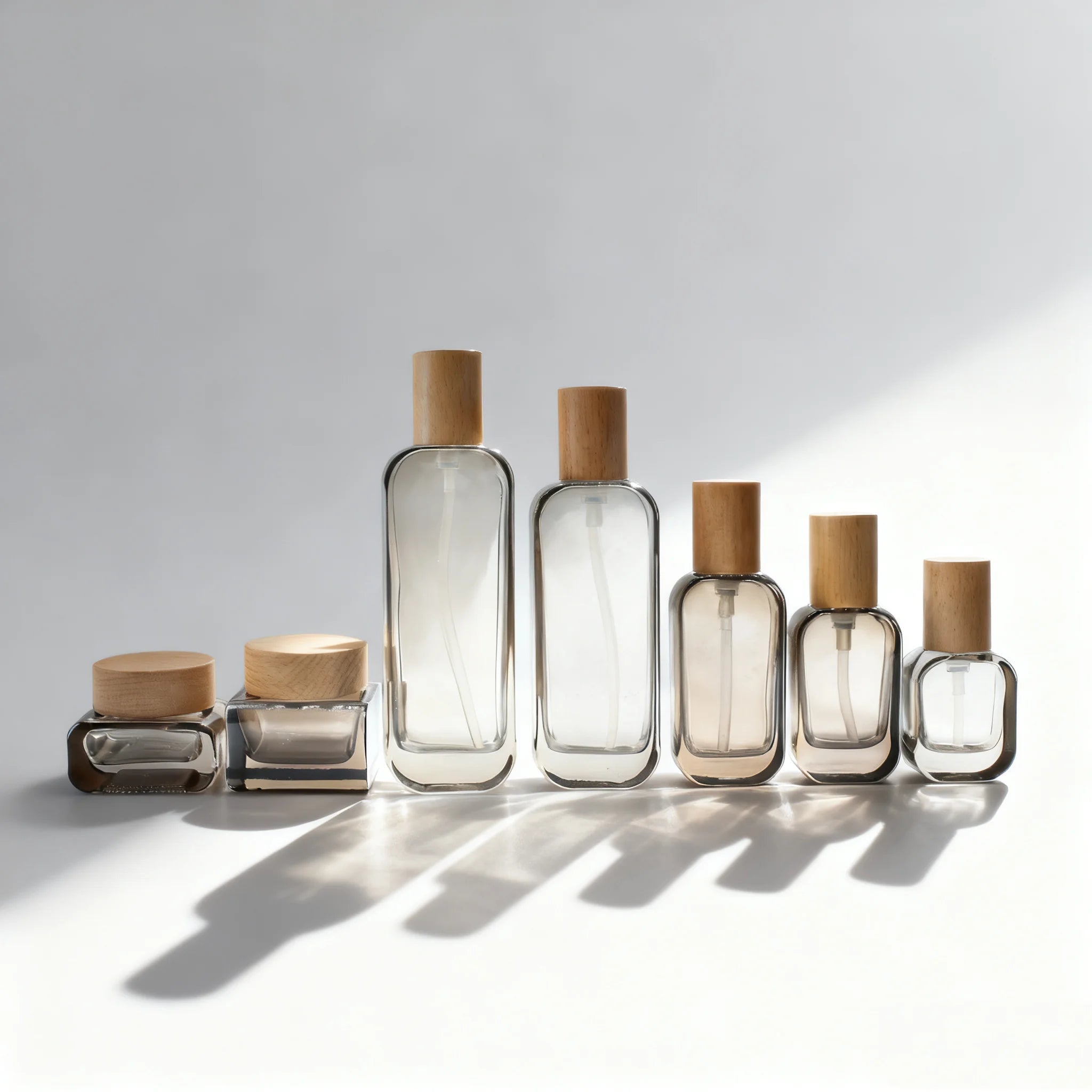 Luxury 30ml 100ml 120ml Flat Square Lotion Pump Spray Serum Oil Packaging Glass Bottle Set with Wood Lid Cosmetics Packaging - 图片 2