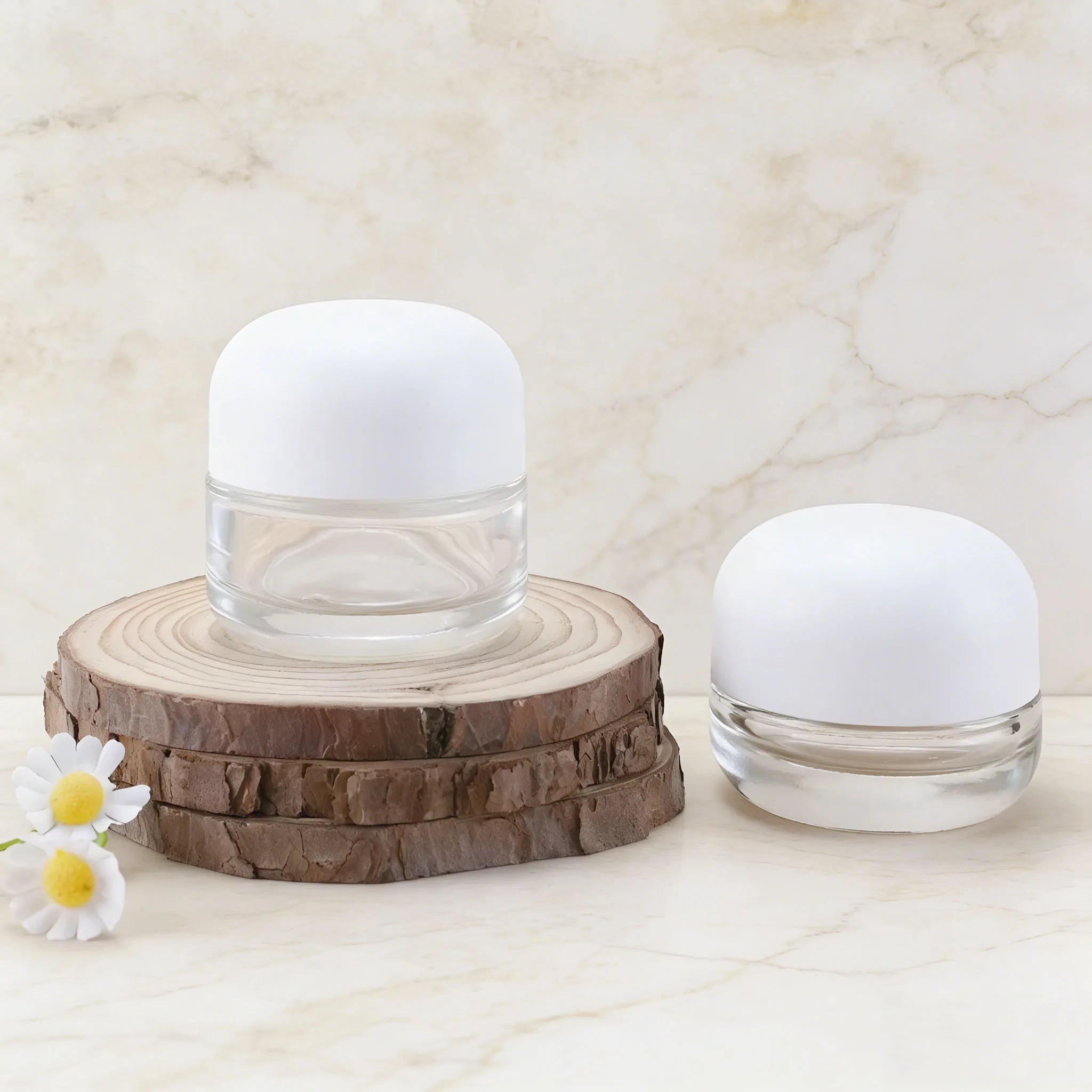 Wholesale Empty 30g 50g Clear Face Cream Jar Glass Cosmetic Lotion Pump Bottle with White Dome Cap