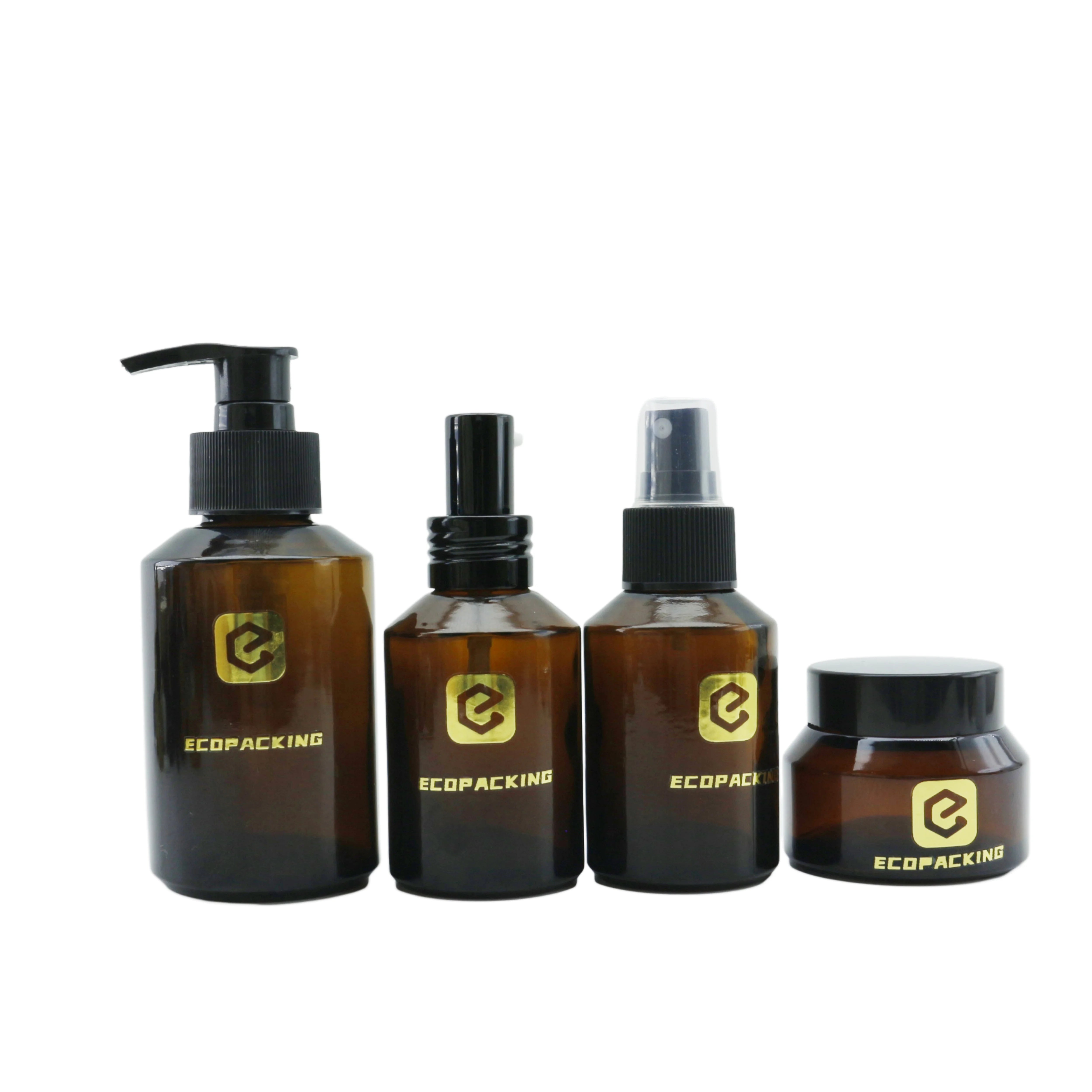 High End Frosted Amber Glass Bottle Cosmetic Jar Skincare Face Cream Lotion Pump Mist Spray Dropper Bottle - 图片 3