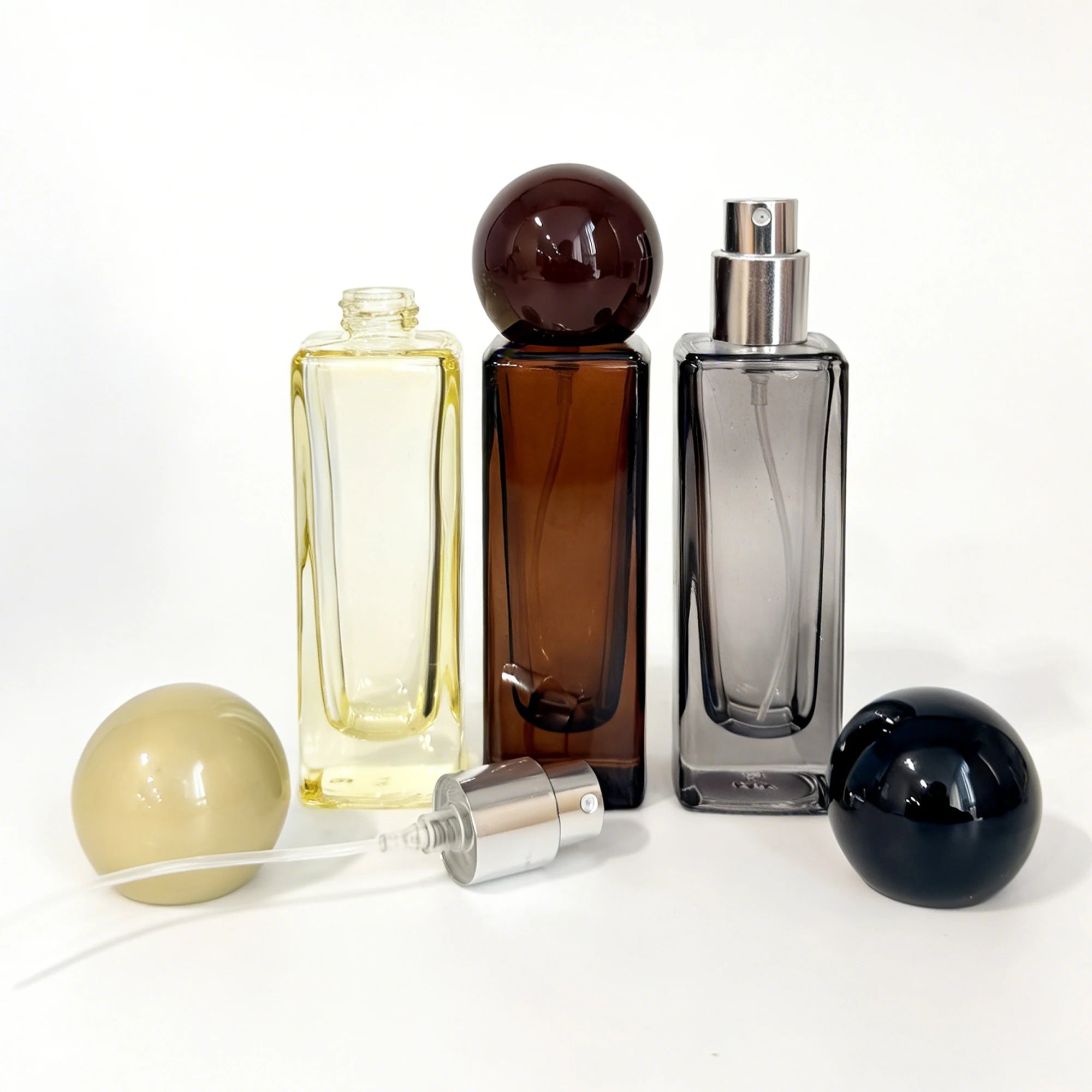 High-End Square Glass Perfume Bottles Spherical Caps 30ml Empty Refillable Spray Bottles Transparent/Amber/Smoky Screen Printed - 图片 3