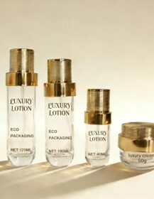 Luxury Cosmetics Set Skincare Glass Serum Lotion Pump Bottles & Jars with Gold Cap Packaging