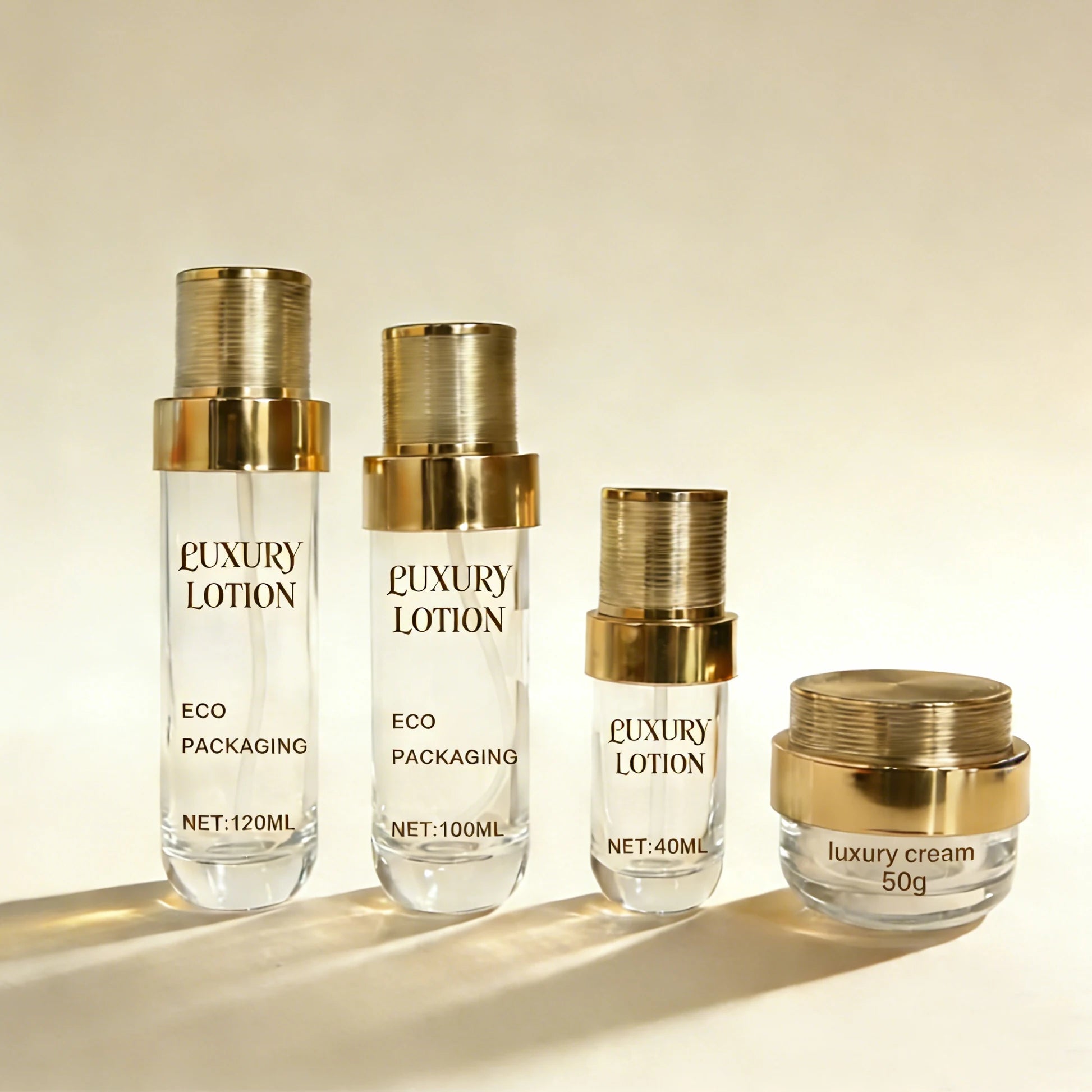 Luxury Cosmetics Set Skincare Glass Serum Lotion Pump Bottles & Jars with Gold Cap Packaging