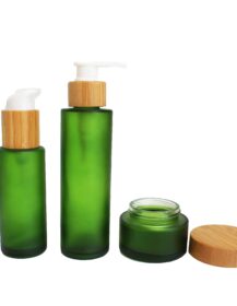 Frosted Green 30ml 40ml 50ml 100ml 4oz Bamboo Frosted Green Lotion Pump Glass Cosmetic Bottle