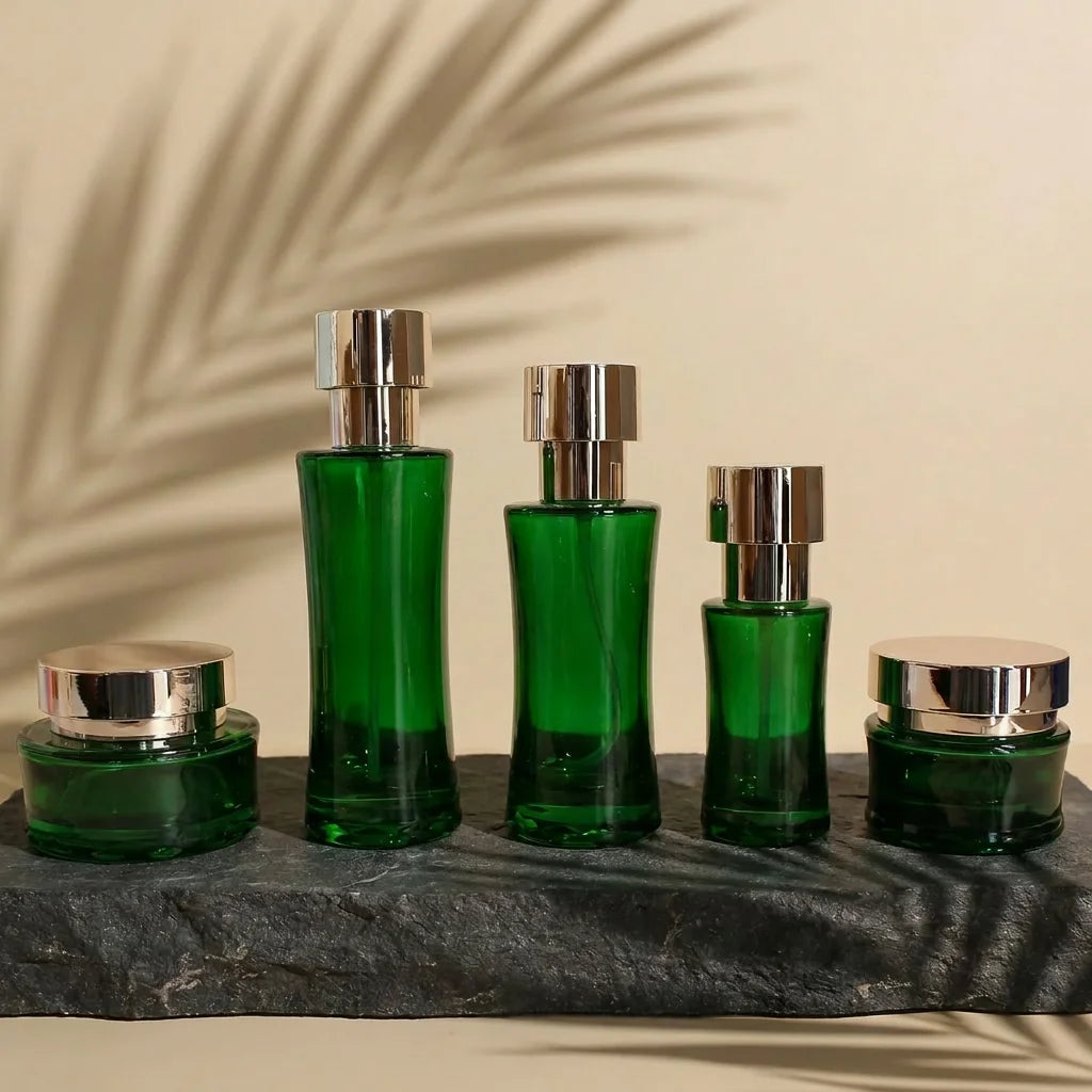 High-End Dark Green Glass Skincare Container Set Refillable Lotion Pump Bottle and Face Cream Jar for Beauty - 图片 2