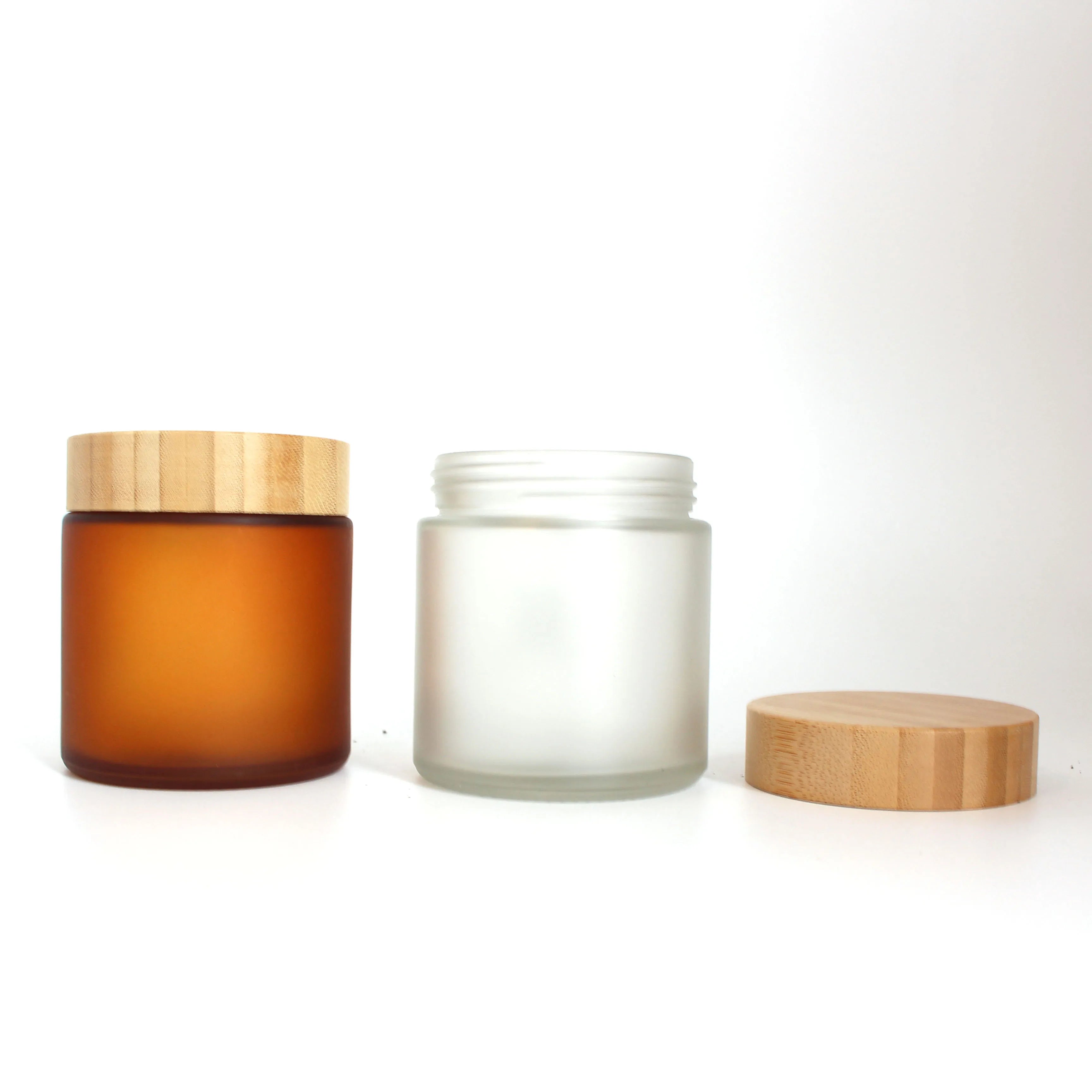 Cosmetic Packaging Eco Friendly 250ml 8oz Bamboo Lid Cap Frosted Glass Cosmetic Jar Wood Lid - 图片 6