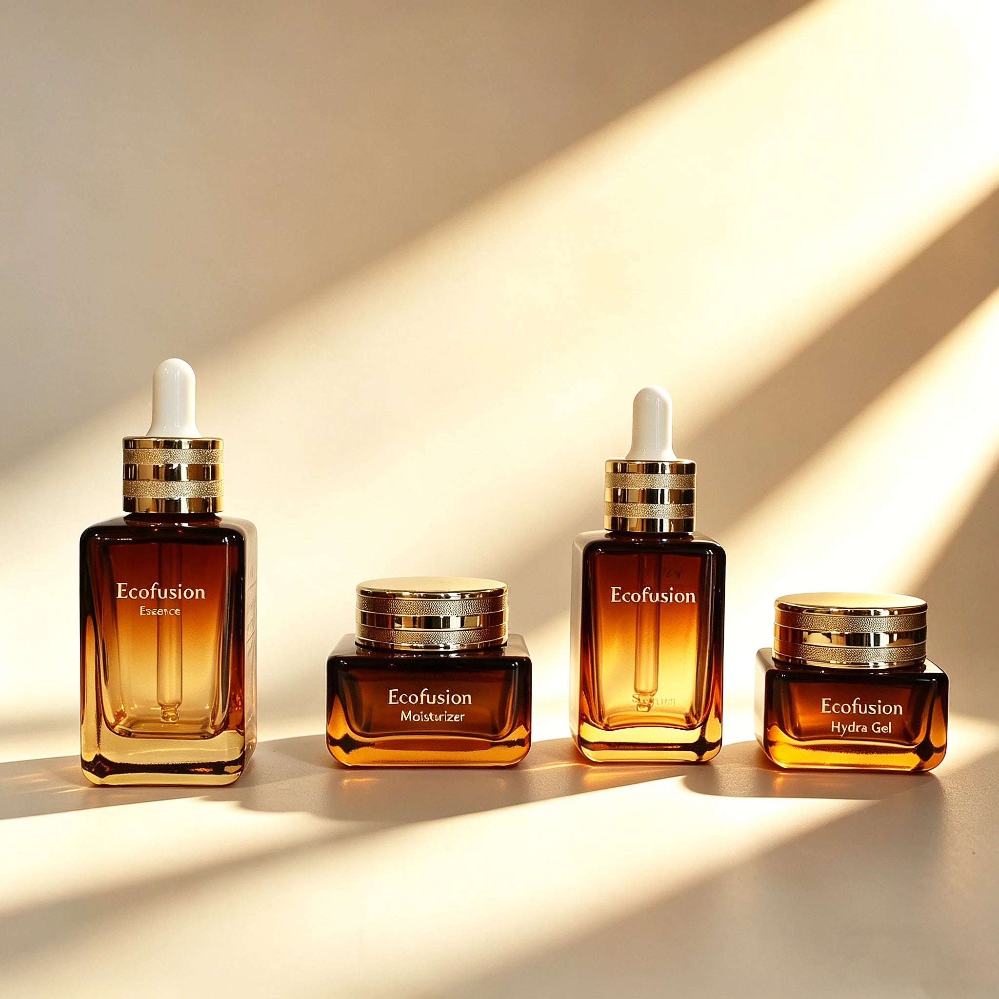 High-Grade Amber Glass Cosmetic Packaging Empty Square Serum Bottle & Cream Jar with Gold Metal Lid - 图片 5