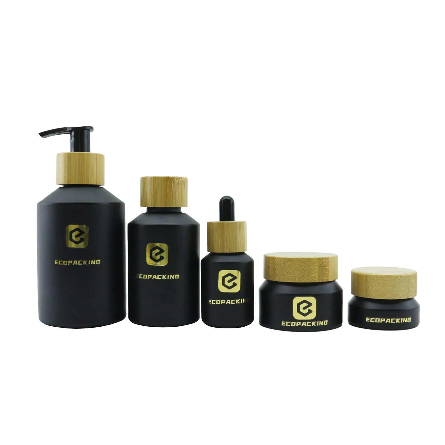 Luxury Slant Shoulder Frosted Olive Green Glass Spray Lotion Pump Bottle Cosmetic Jar Set with Bamboo Lid - 图片 10