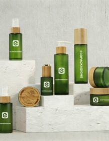 Eco-friendly Skincare Cosmetic Frosted Green Glass Pump Spray Lotion Bottle and Cream Jar with Bamboo Lid Packaging N888