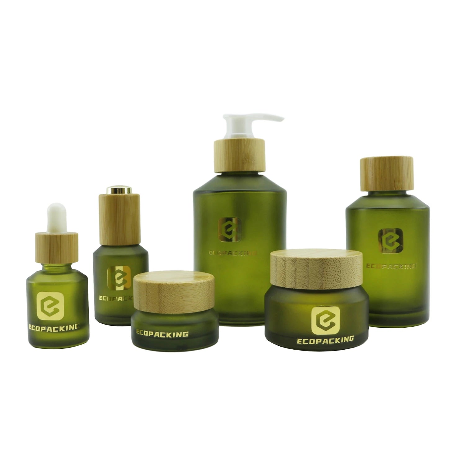 Cosmetic Packaging 15ml 30ml 60ml 100ml 120ml 200ml Slant Shoulder Frosted Olive Green Glass Dropper Bottle Serum with Pump - 图片 2