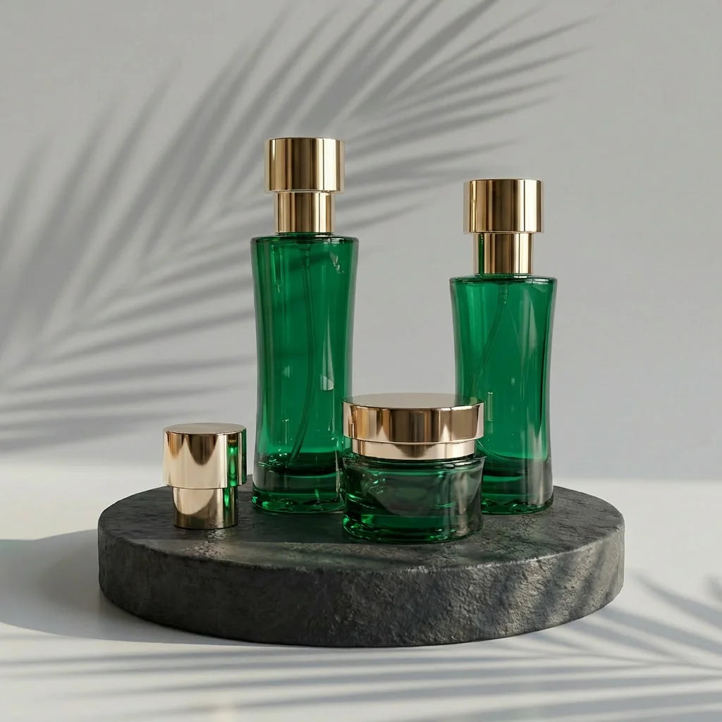 High-End Dark Green Glass Skincare Container Set Refillable Lotion Pump Bottle and Face Cream Jar for Beauty