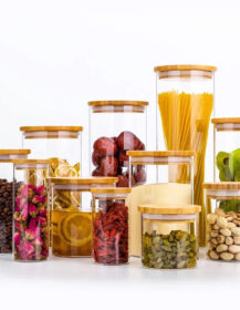 OEM Empty High Borosilicate Custom 100ml 200ml 300ml 400ml 500ml 1000ml Food Cookie Kitchen Glass Spice Jar with Bamboo Lid