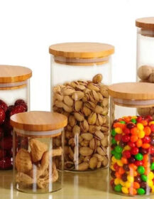 HOME Multifunctional Kitchen Glass Food Storage Container with Spoon Bamboo Lid Seal-for Spices Jars