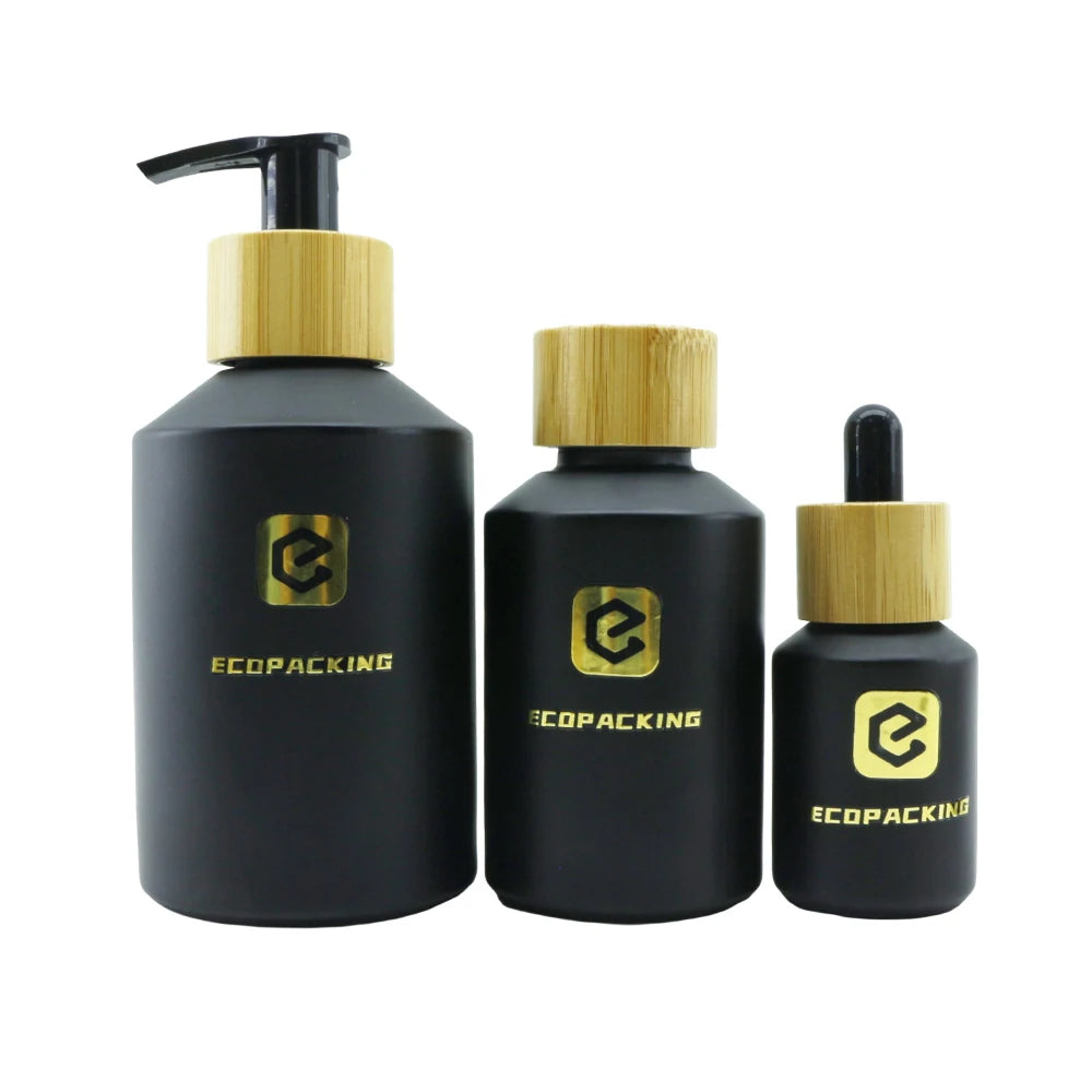 Slant Shoulder Skincare Black Essential Oil Bottle Glass Cosmetic Serum Dropper Bottles Glass Cream Jars Set With Bamboo Lid - 图片 2