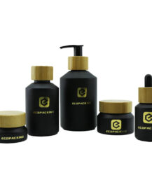 Cosmetics Glass Pump Bottle Lotion Bamboo Packaging Sets Empty 50ml Frosted Black Glass Cream Jar 30ml Glass Dropper Bottles