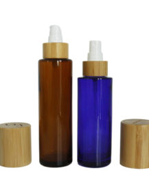 Custom Empty Glass Bottle with Bamboo Lotion Pump Spray Bamboo Cosmetic Packaging for Hair Oil and Face Cream Amber Blue