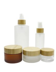 Bamboo Packaging Frosted Cosmetic Glass Jars and Bottles with Bamboo Lid for Dropper Spray Shampoo Bamboo Cap