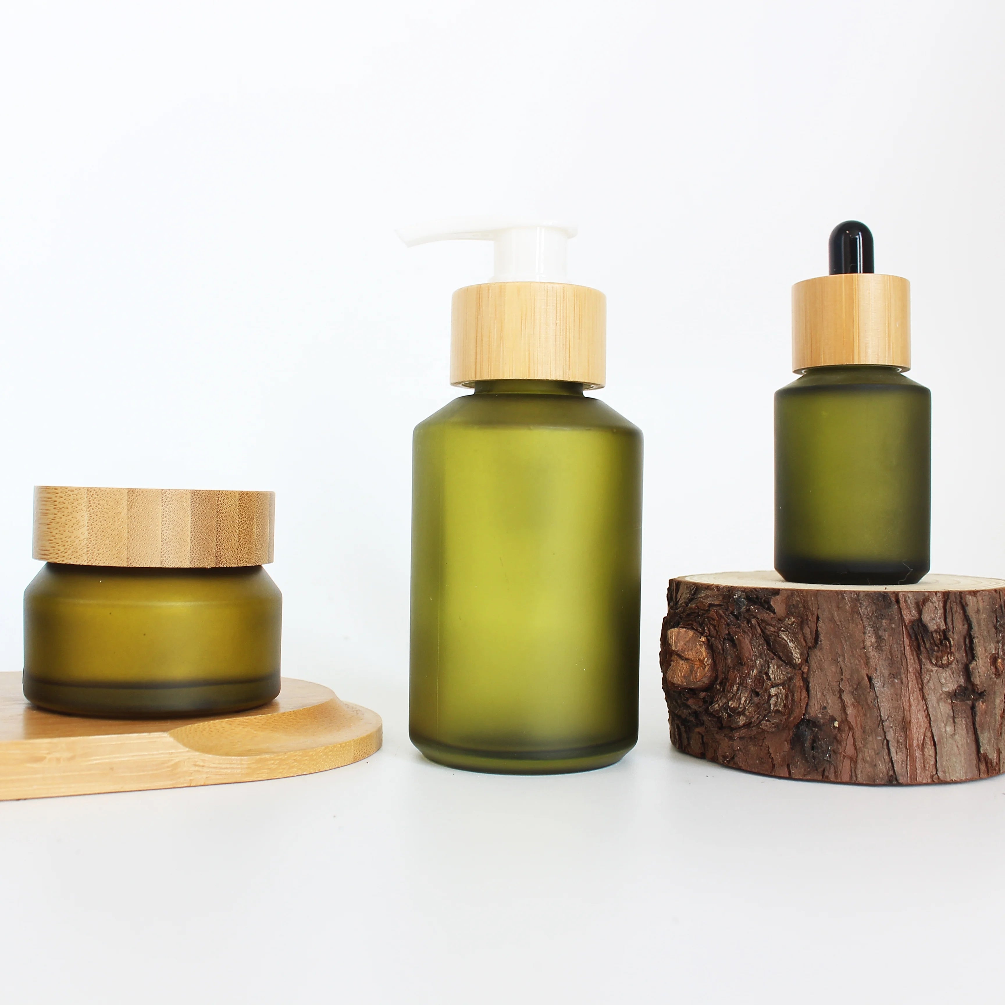 Luxury Empty Slanted Shoulder Cosmetic Frosted Green Glass Lotion Pump Bottle 15ml 30ml 60ml 100ml 125ml 200ml - 图片 4