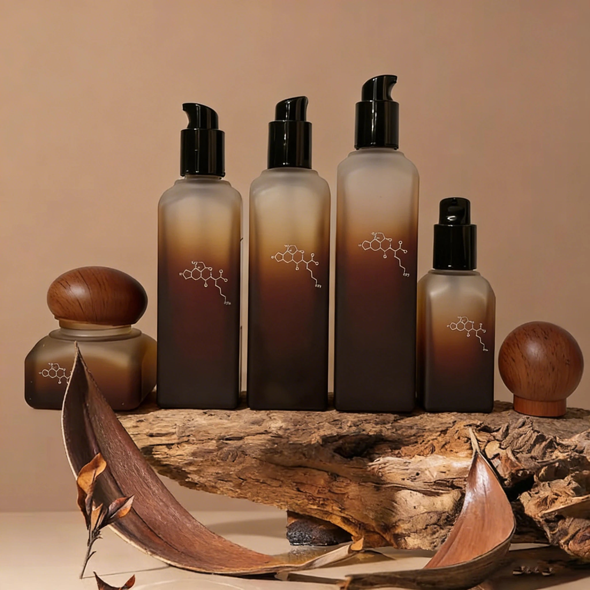 Natural Texture Gradient Brown Frosted 40ml 100ml 120ml 50g Skincare Glass Pump Bottle Wooden for Cap Packaging - 图片 5