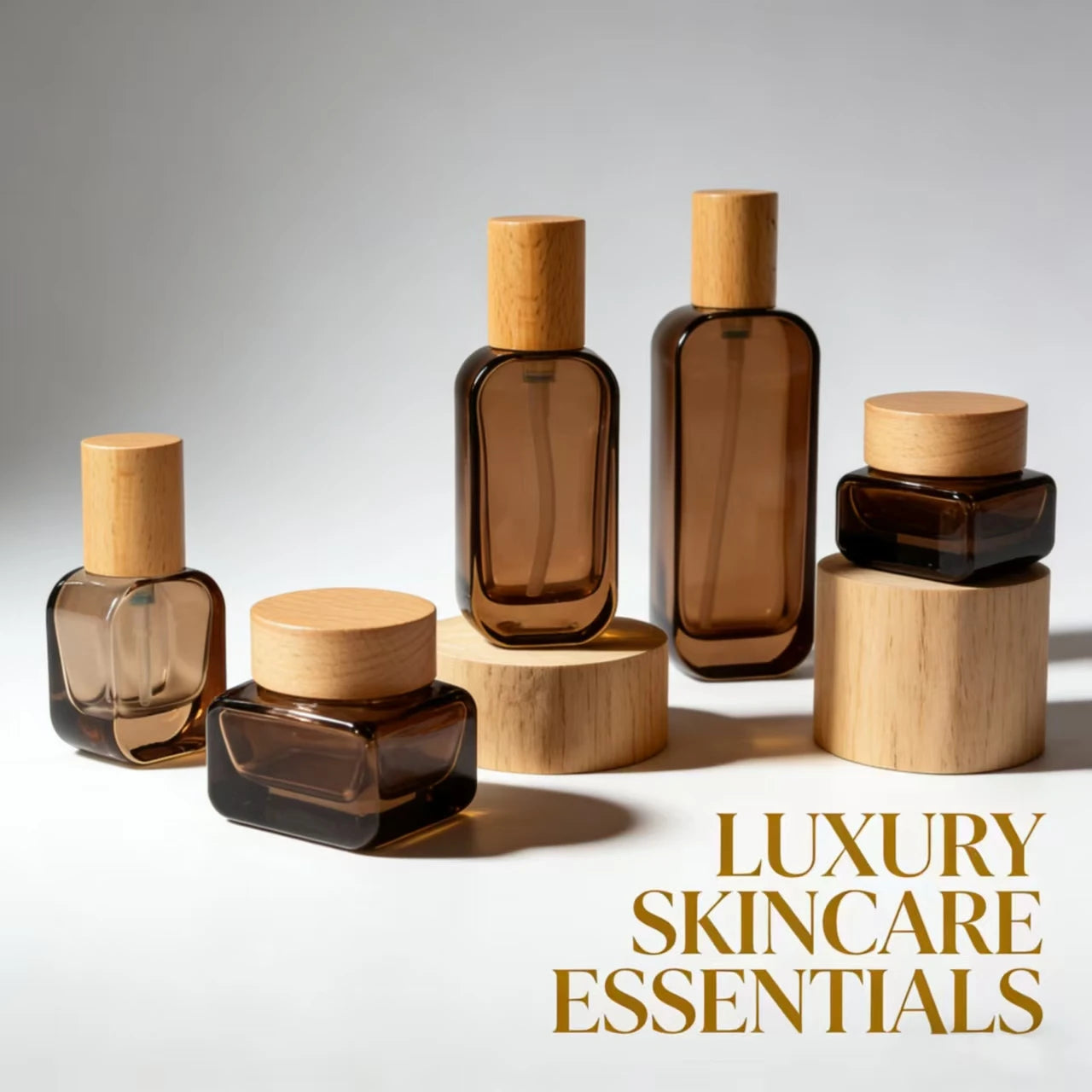 Luxury Glass Cosmetic Bottles and Jars Set 20ml 30ml 50ml 100ml 120ml Bamboo Lid Lotion Glass Pump Bottle Face Cream Jar C888