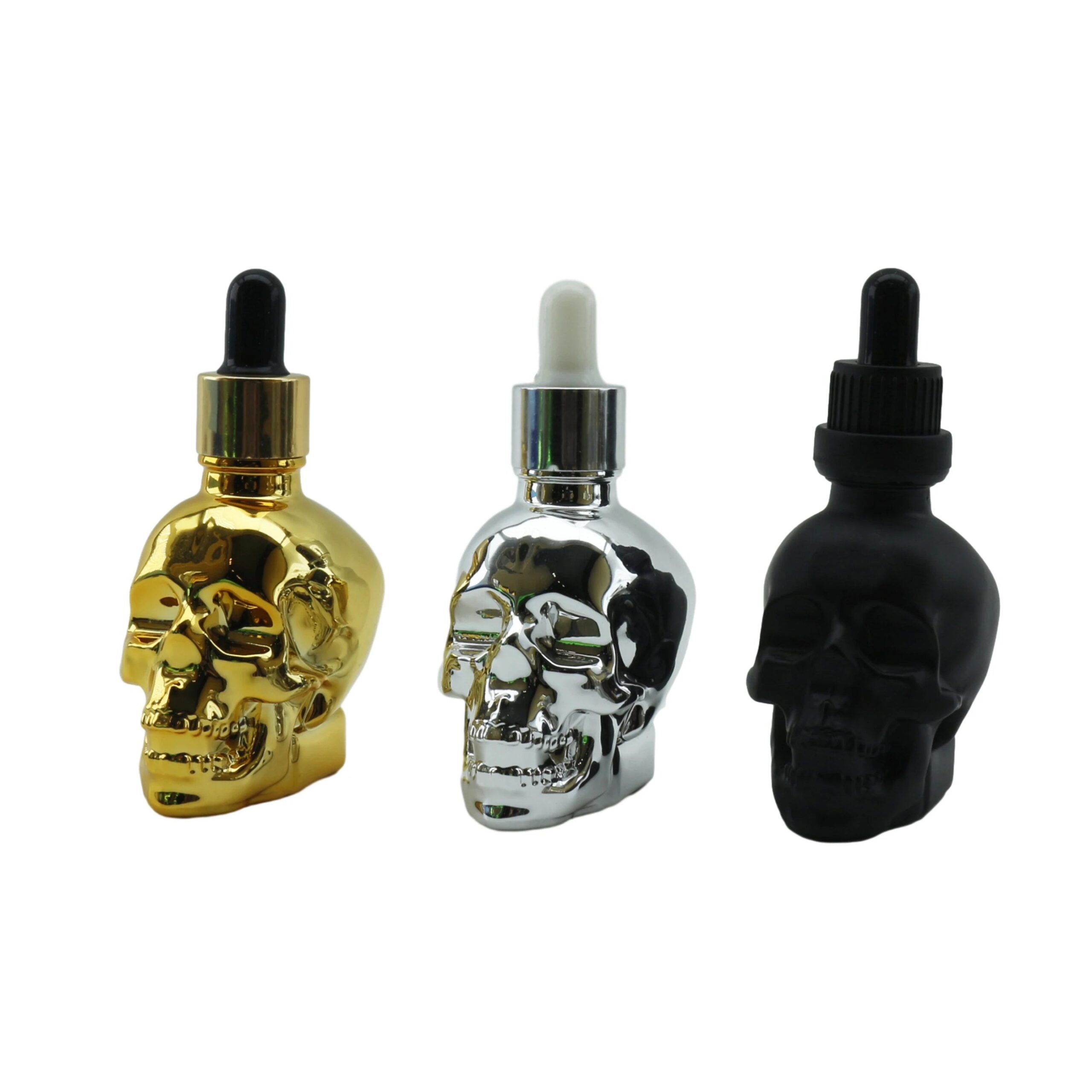 Wholesale 30ml 60ml Matte Black Electroplate Gold Sliver Cosmetic Skull Glass Serum Dropper Bottle for Essential Oil