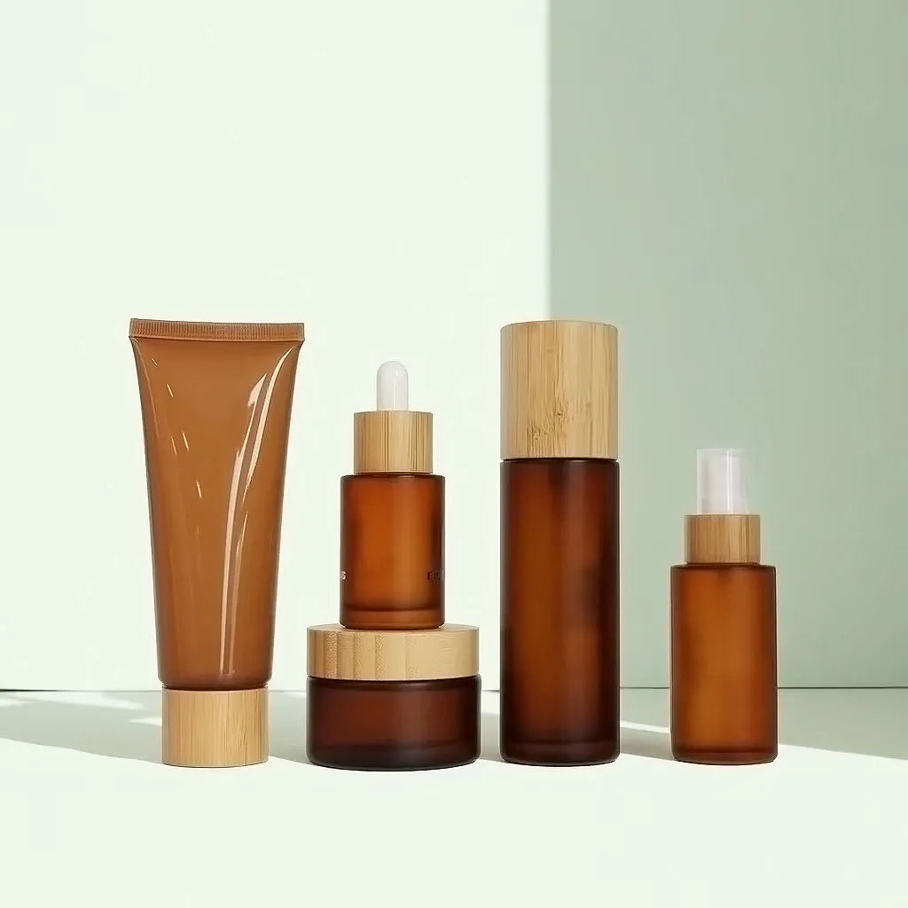 Skincare Cream Bamboo Wood Glass Cosmetic Pump Lotion Bottle Amber Glass Spray Bottles - 图片 2
