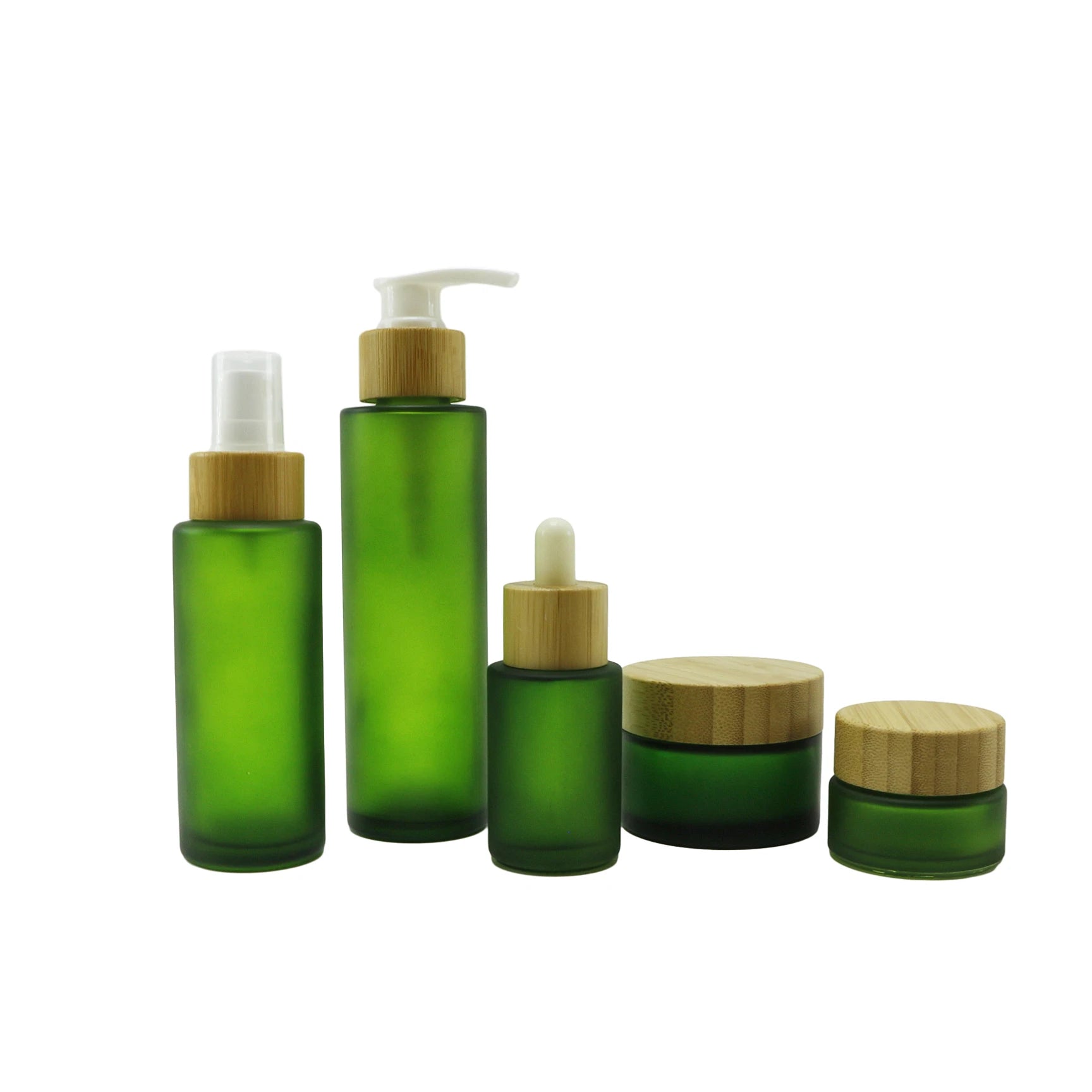 30ml 50ml 100ml 200ml Cosmetic Packaging Flat Shoulder Green Frosted Glass Pump Bottle With Bamboo Lid - 图片 5