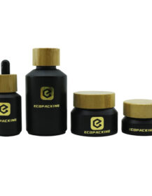 Slant Shoulder Skincare Black Essential Oil Bottle Glass Cosmetic Serum Dropper Bottles Glass Cream Jars Set  With Bamboo Lid