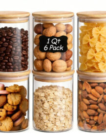 Glass Food Storage Jars 6 Pack Kitchen Containers with Airtight Bamboo Lids for Pasta Cookies Nuts Coffee Cereal Canisters Set