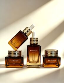 Luxury Glass Skincare Packaging 30ml 50ml 100ml Amber Serum Bottle & 30g 50g Cream Jar with Gold Lid