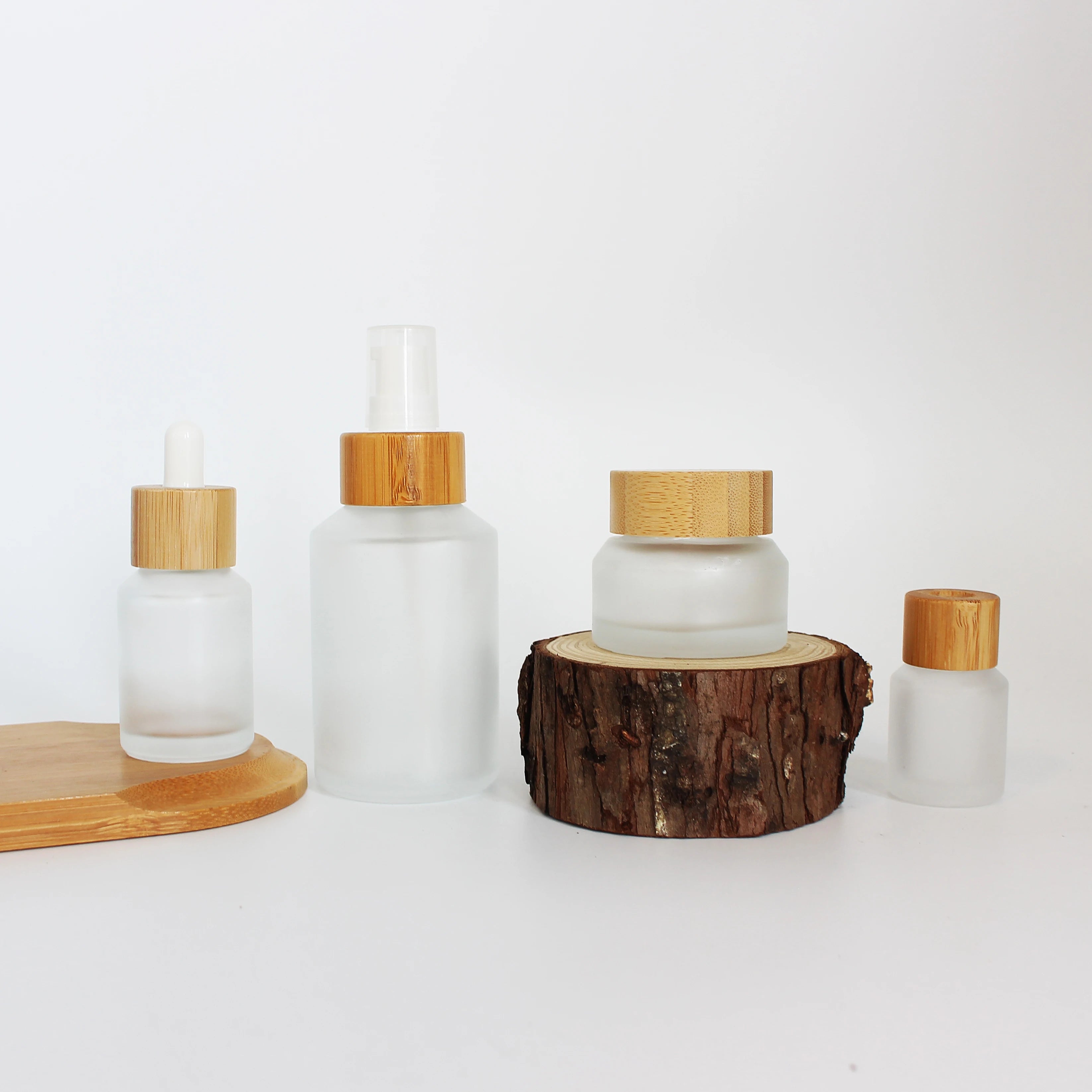 Luxury Bamboo Cosmetic Packaging Set Slanted Shoulder Glass Bottle with Bamboo Pump Dropper for Skin Care - 图片 6