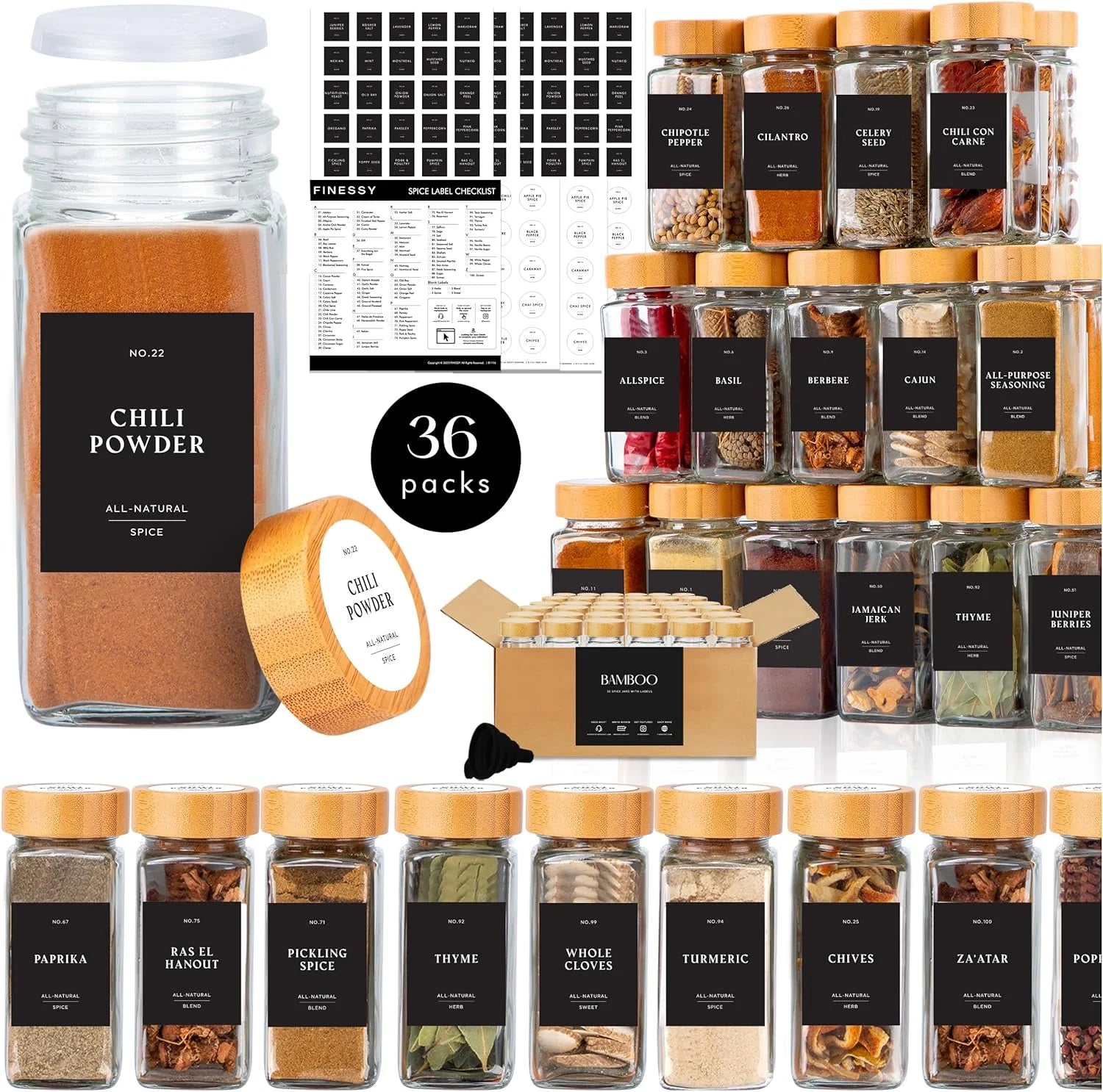 Wholesale Glass Spice Jars with Bamboo Lids Set 24 Pcs 4 oz Seasoning Containers Spice Containers with Shaker Lids N888