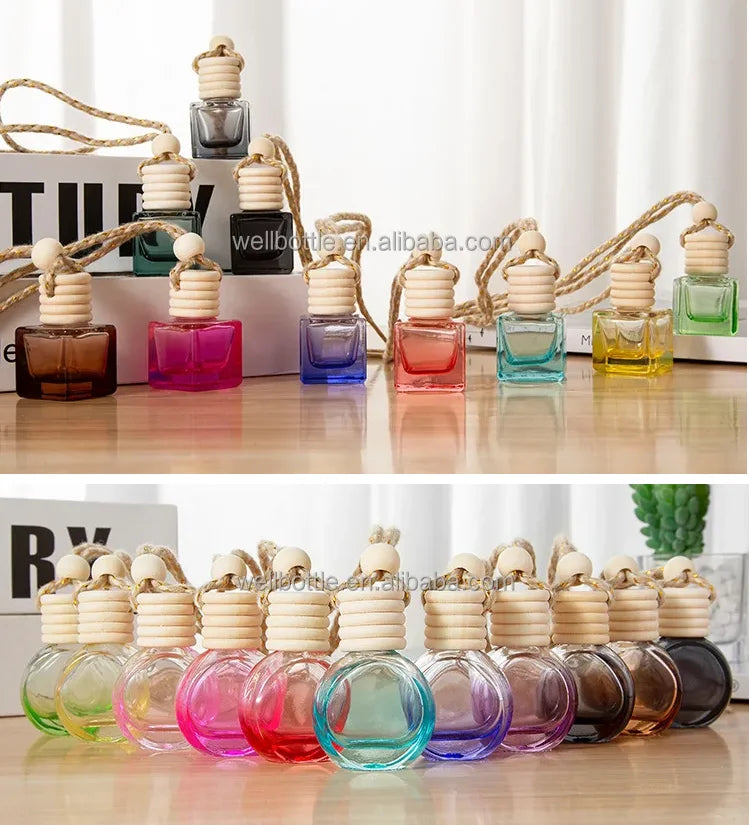 Art Printed Hanging Car Air Freshener Random Color Empty Glass Perfume Bottle with Screw Cap Car Decor Gift - 图片 3