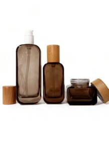Cosmetic Packaging Glass Jar with Bamboo Lid 30g 50g Luxurious Amber Glass Lotion Pump Bottle Skin Care Serum Pump Screw Cap