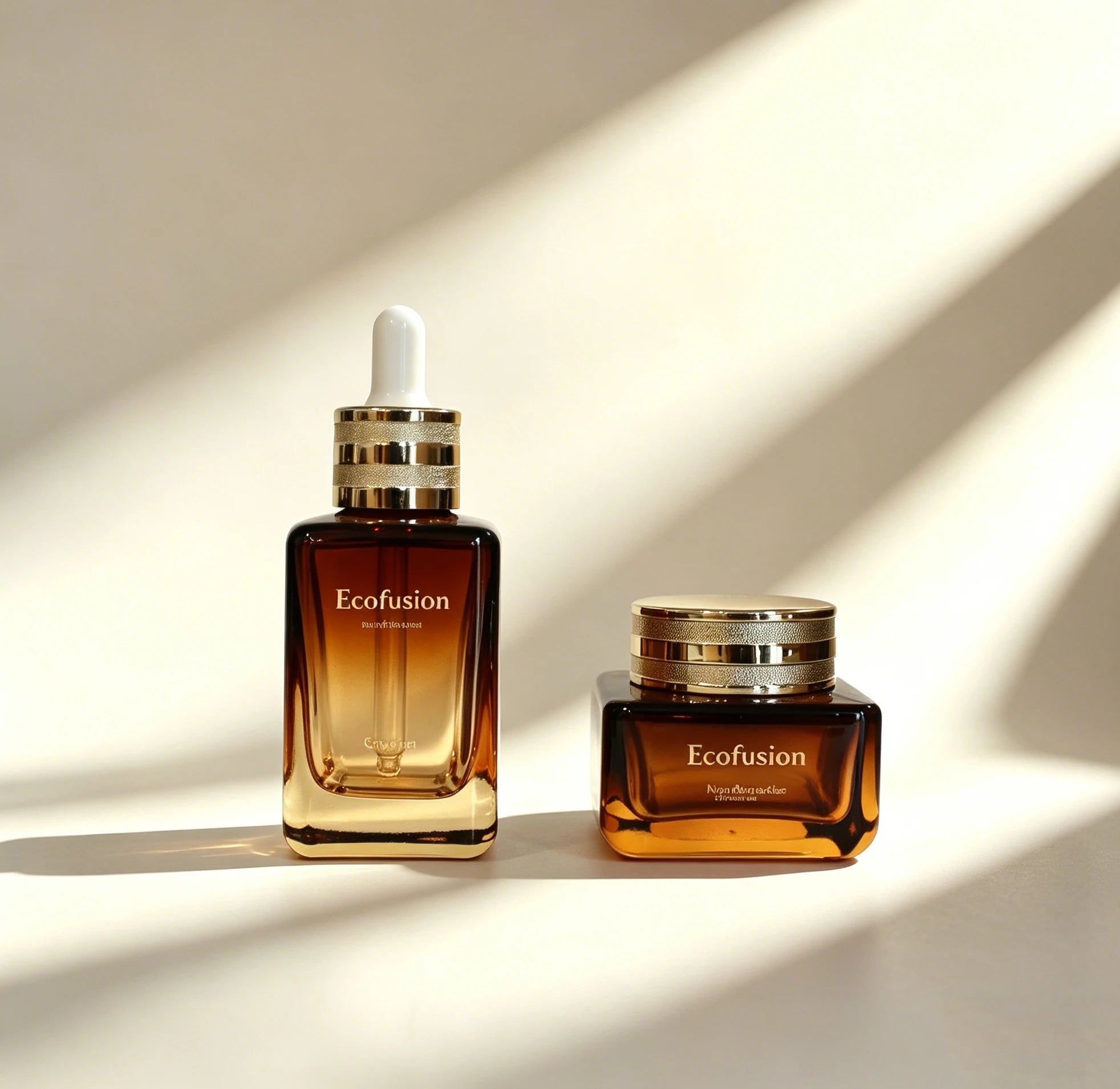 High-Grade Amber Glass Cosmetic Packaging Empty Square Serum Bottle & Cream Jar with Gold Metal Lid - 图片 4