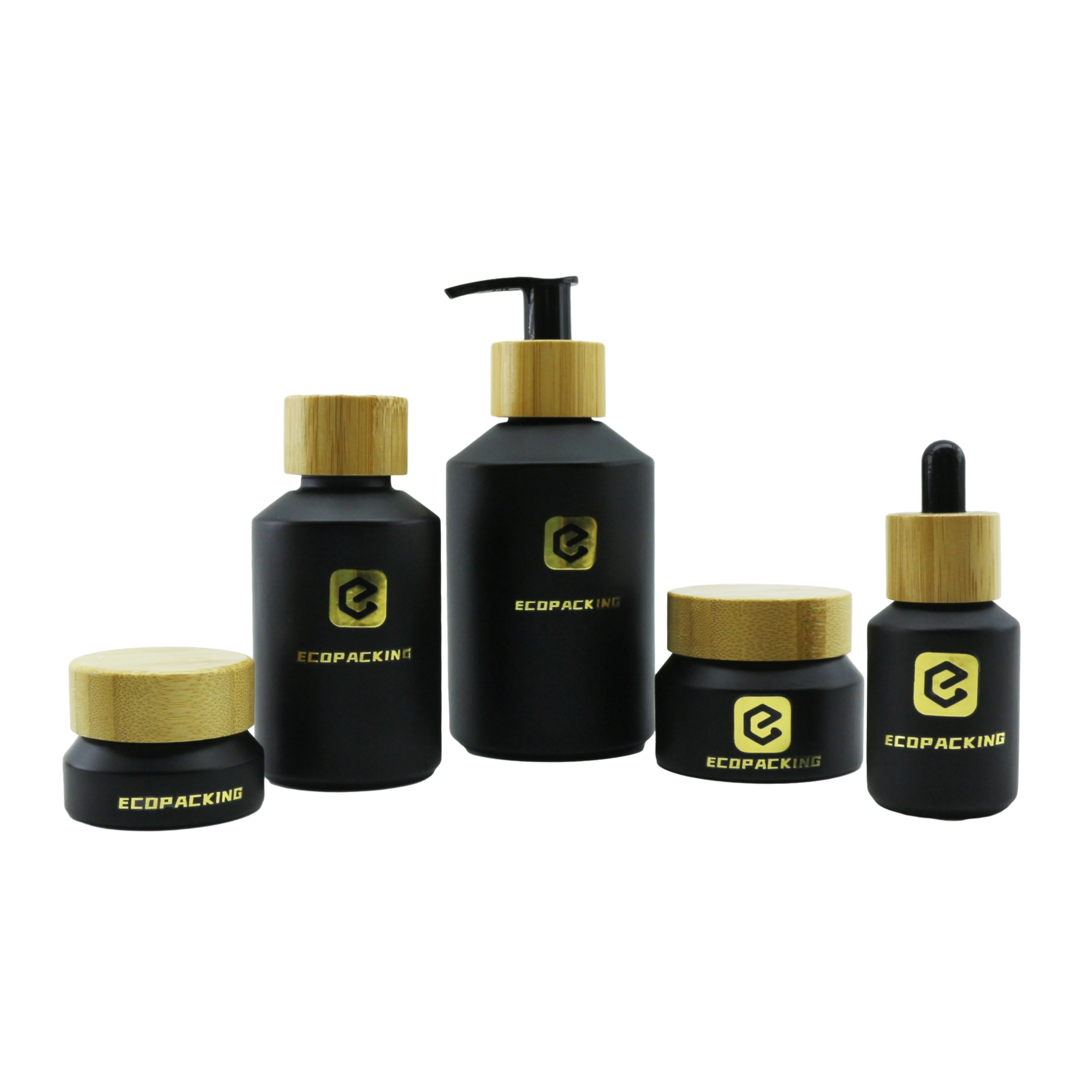 Matte Black Frosted Glass Oil Serum Lotion Bottle with Pump Dropper Spray Cosmetic Luxury Packaging Set for Skin Care - 图片 6
