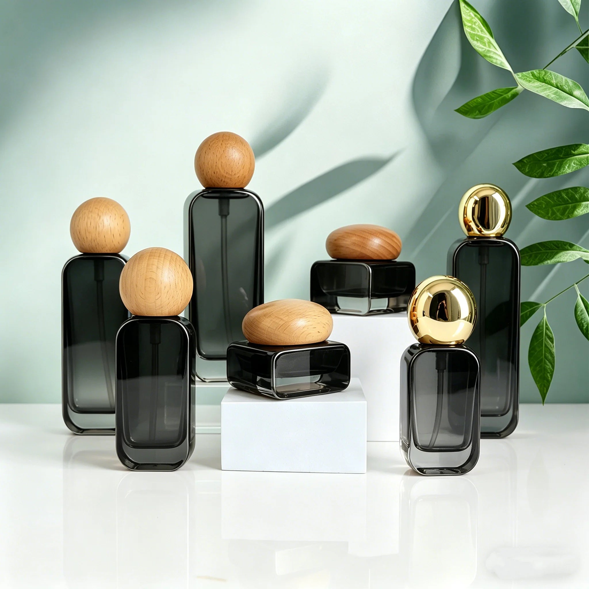 Luxury Square 30ml 50ml 100ml 120ml Glass Lotion Bottle and Jar with Bamboo Ball Cap Gradient Cosmetic Packaging Custom Logo - 图片 3