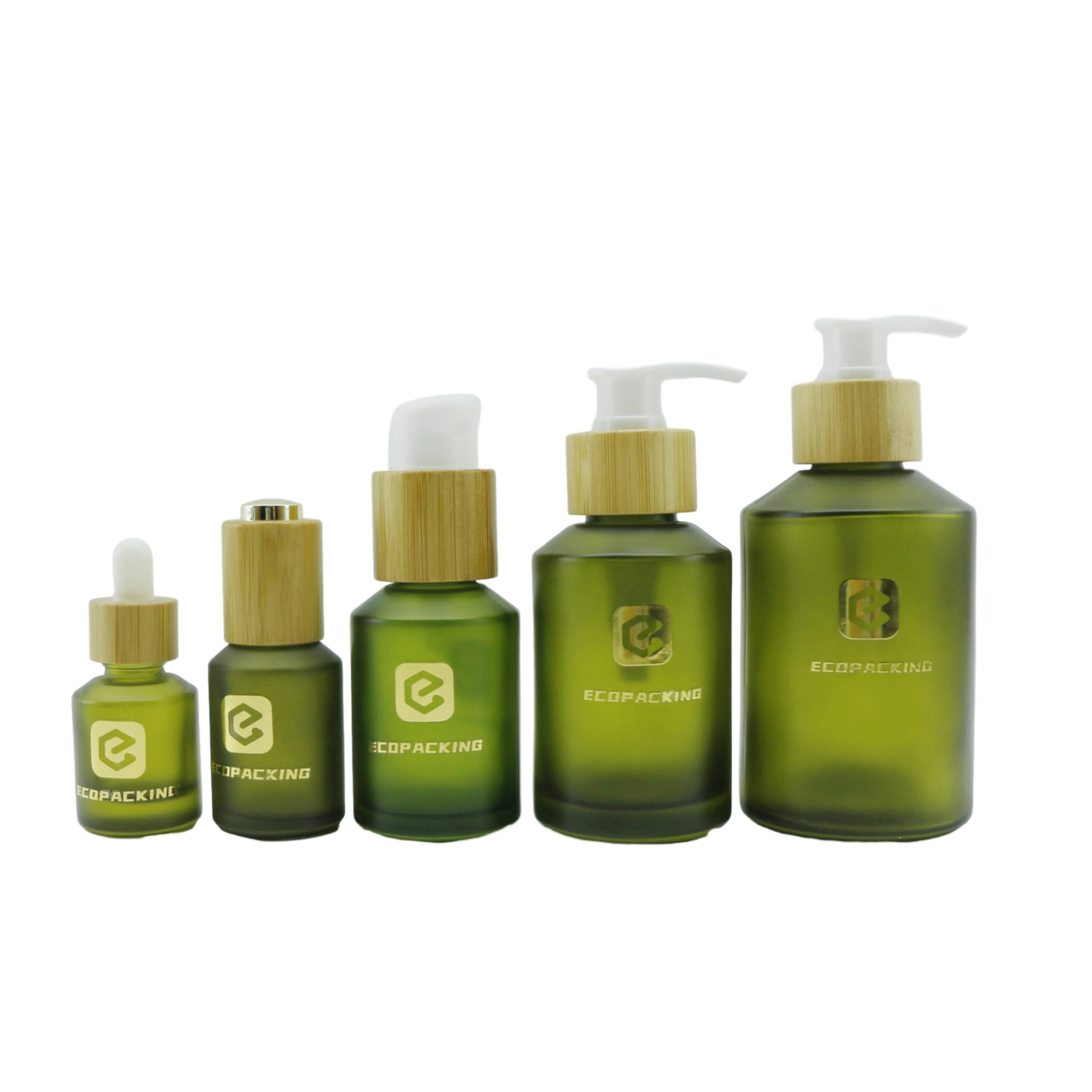 Frosted Olive Green Glass Bottle 30ml 60ml 120ml Cosmetic Bottle with 30g 50g Glass CreamJar with Bamboo Lid for Skin Care A888 - 图片 2