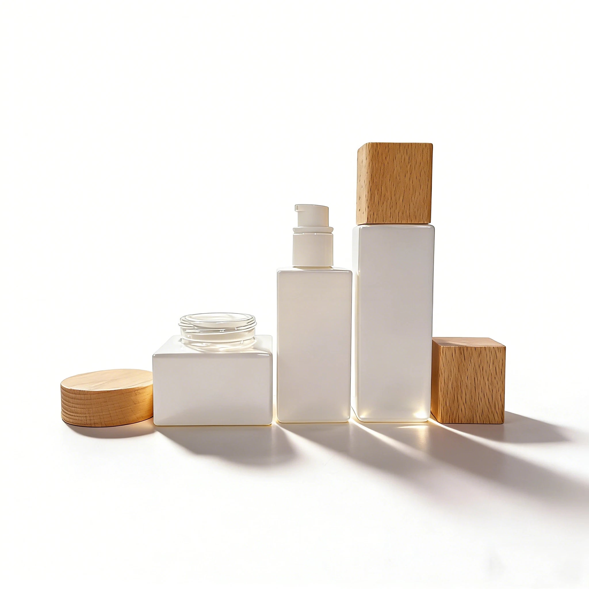 Luxury White Flat Shoulder Empty Glass Bottle Custom logo Cosmetic Cream Jar Skin Care Body Butter Jar Set with Bamboo Lid - 图片 2