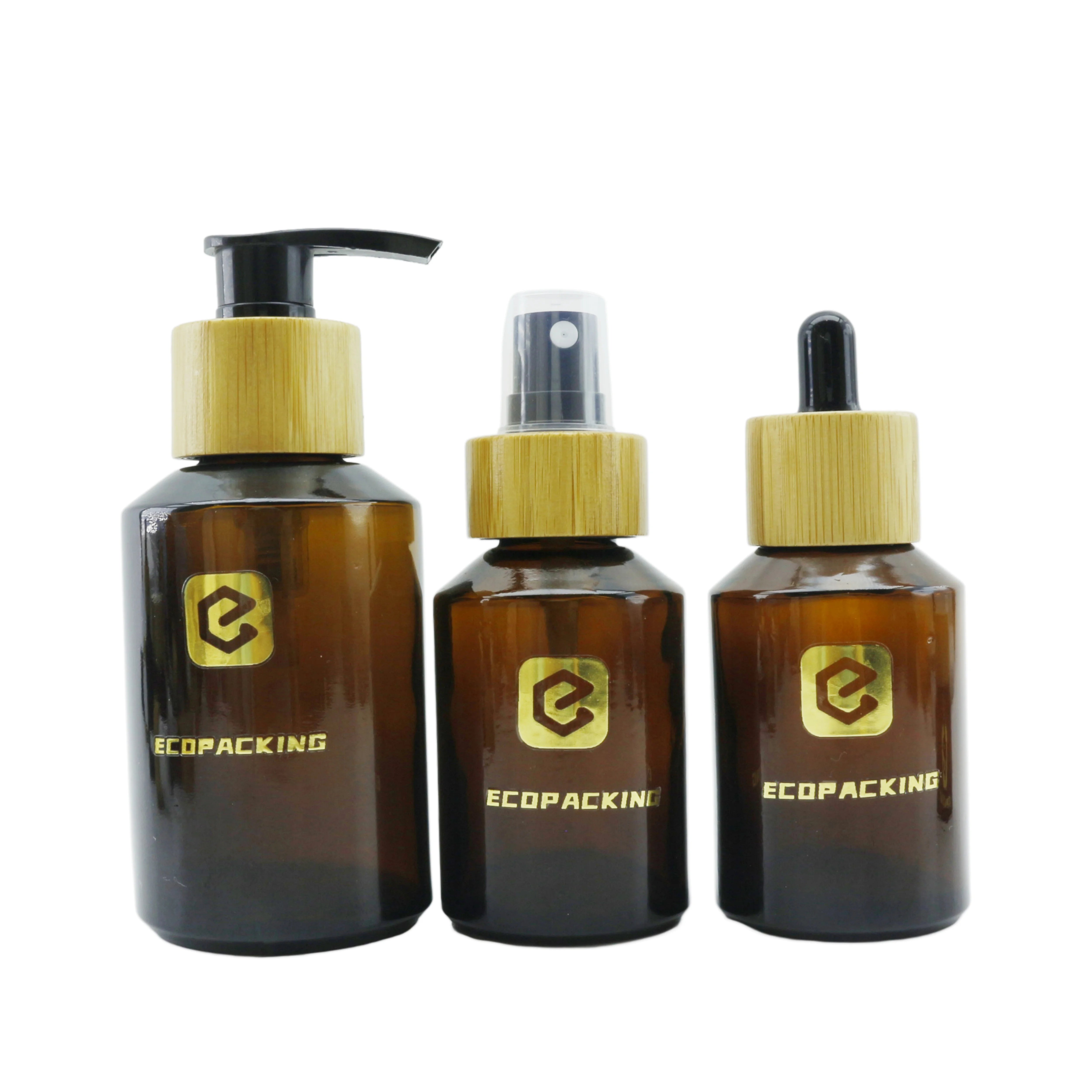 High End Frosted Amber Glass Bottle Cosmetic Jar Skincare Face Cream Lotion Pump Mist Spray Dropper Bottle - 图片 4