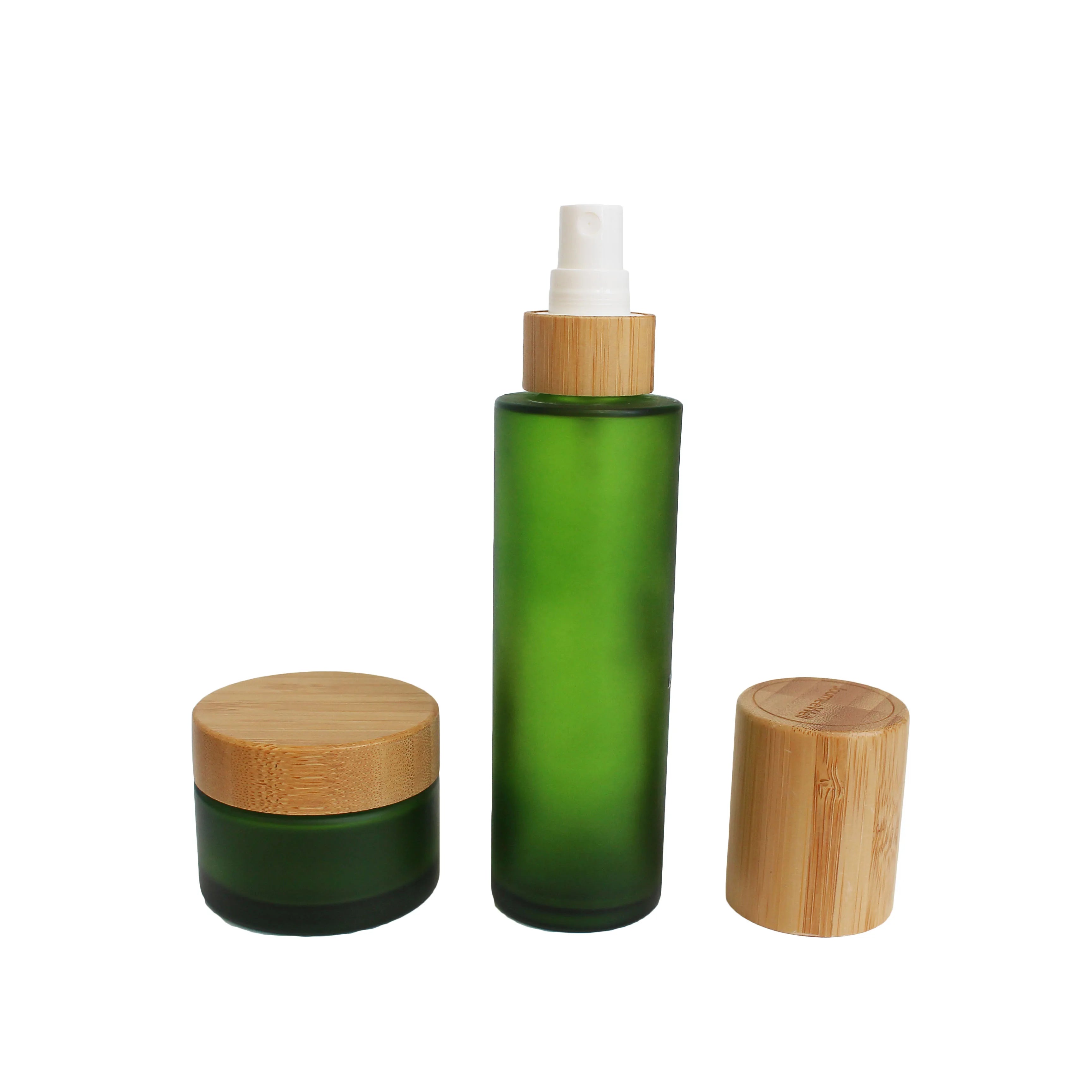 Frosted Green 30ml 40ml 50ml 100ml 4oz Bamboo Frosted Green Lotion Pump Glass Cosmetic Bottle - 图片 6