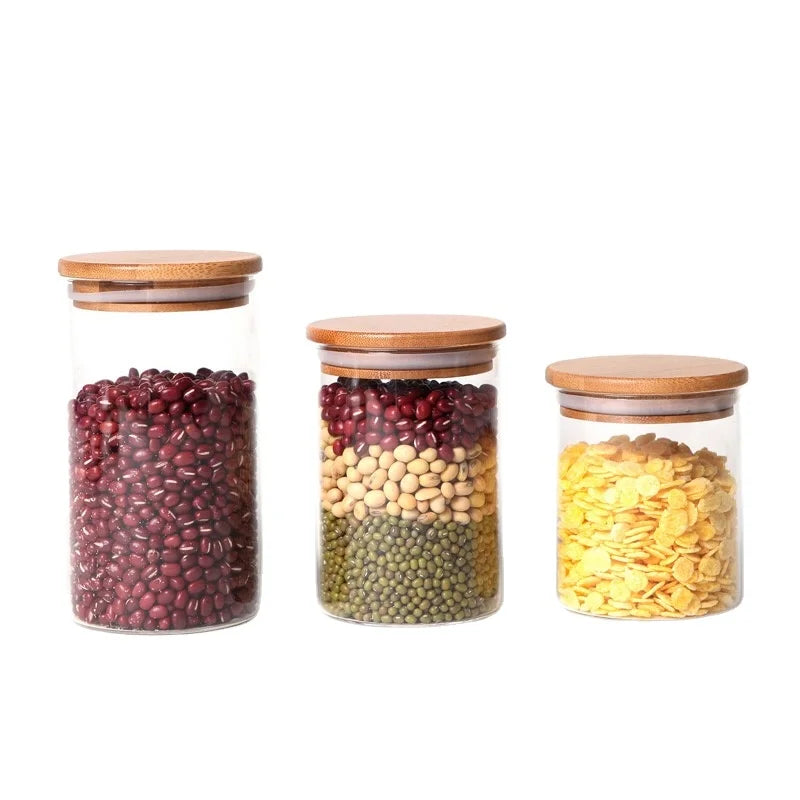 6pcs Airtight High Borosilicate Glass Spice Storage Jar Set with Bamboo Lids and Spoon