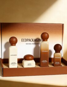 Environmentally Friendly Skincare Bottle Packaging Cosmetic Set Glass Bottle with Wood Pump Cap and Paper Box Packaging