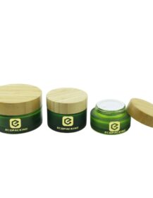Frosted Green Glass Jar with Bamboo Wooden  Lid Natural Packaging Cosmetic Cream Bamboo Jars